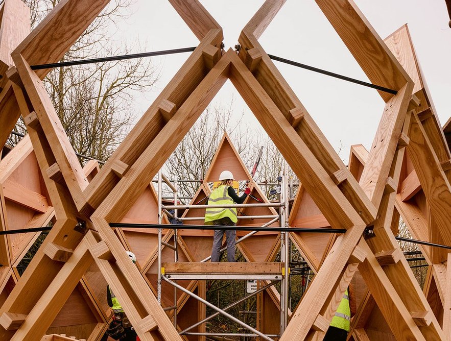 Ash structure of The Acorn in Devon being erected by the Timber Workshop team. The Acorn was designed by Begent Architecture.