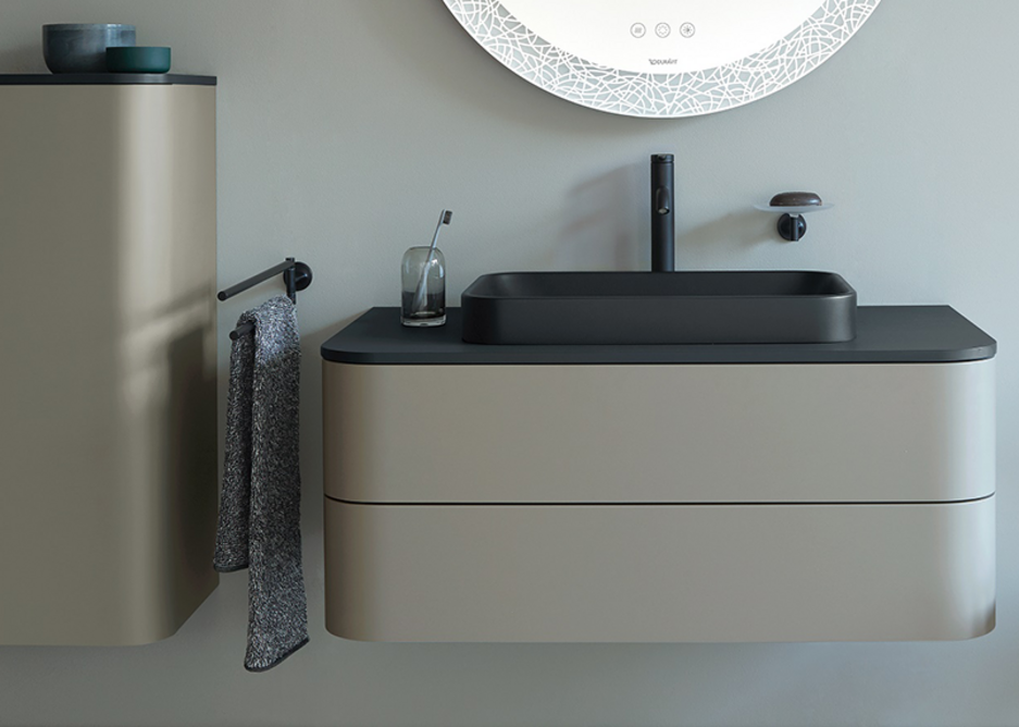 Happy D.2 Plus above-the-counter basin (600x400mm), console in Graphite Super Matt, console vanity unit and semi-tall cabinet in Stone Gray Satin Matt, C.1 tap and Starck T accessories in Black Matt.