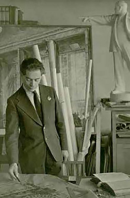 Boris Iofan in his studio in Moscow, with a study for a representation of Lenin, planned for the top of the Palace of the Soviets.