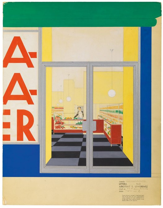 Perspective (grocery store), watercolour, gouache and pencil on cardboard, 1932, 47 × 36 cm, ARKM.1973-05-02504.