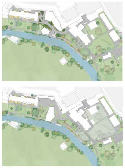 Diagrams show the new (top) and previous arrangement of the centre of the campus.