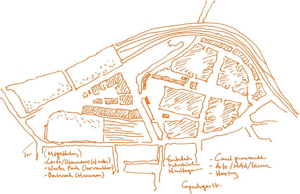 Early masterplan sketch showing : Boulevard; Pancras Square; N/S route and North Park; E/W route and connections to Islington; Granary Square; Coal Drops; Canal Promenade; embedded industrial heritage buildings and new urban blocks