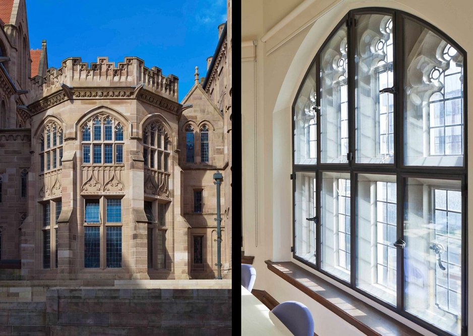 Architectural Bronze Casements' bronze secondary glazing at the Grade II listed Christie Library, University of Manchester. Lloyd Evans Prichard architects.