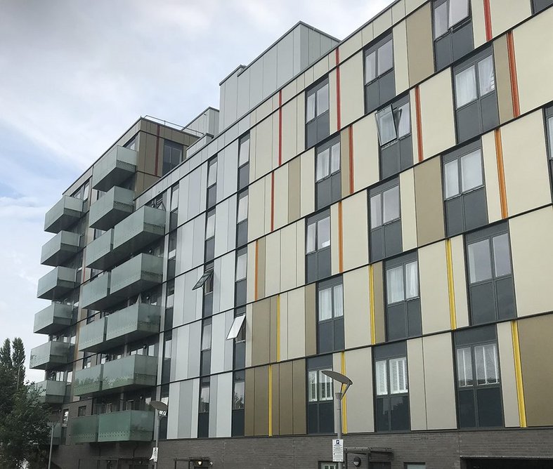 Bailey Prima recessed-fix, shadow-gap rainscreen cladding at Dan Court apartments, Willesden.