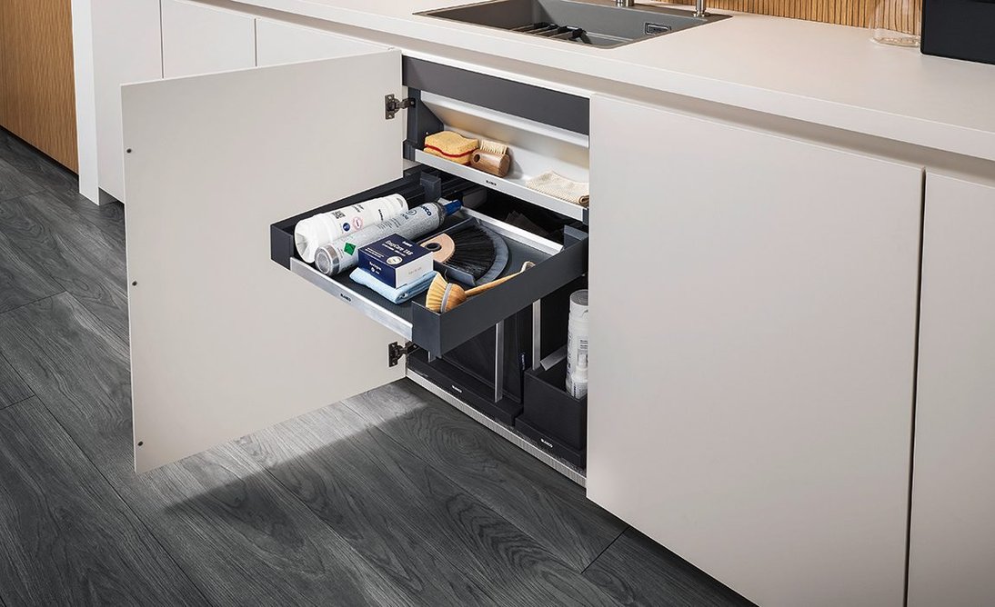 Blanco Unit with integrated Orga shelf and drawer and Worktop Organizer set.