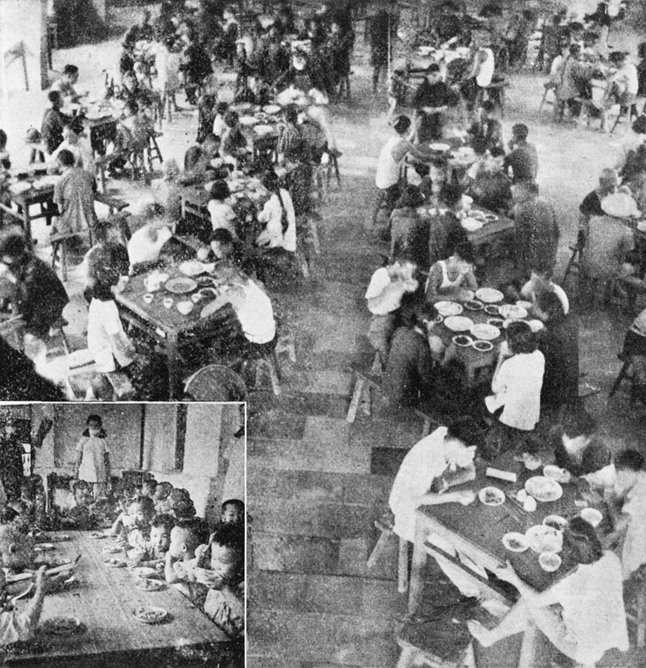 The dining hall and children’s dining room in a people’s commune canteen.