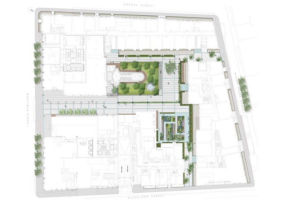 The landscape plan by GrossMax: public spaces become sociable street (south), formal setting for the chapel (centre) and quiet, sunny, sensory garden square.