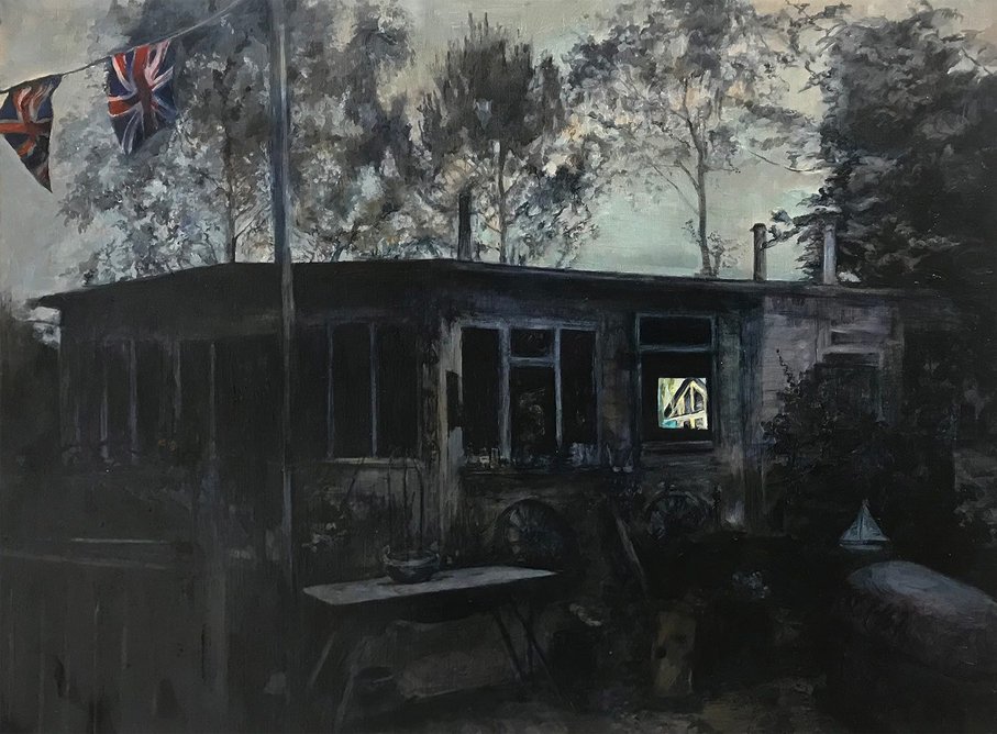 Night Fitties: They'd have a party and everyone could go by Judith Tucker, 2019, from the Where We Live exhibition at Millennium Gallery, Sheffield. The painting is part of a series of views of chalets at the Humberston Fitties in North Lincolnshire