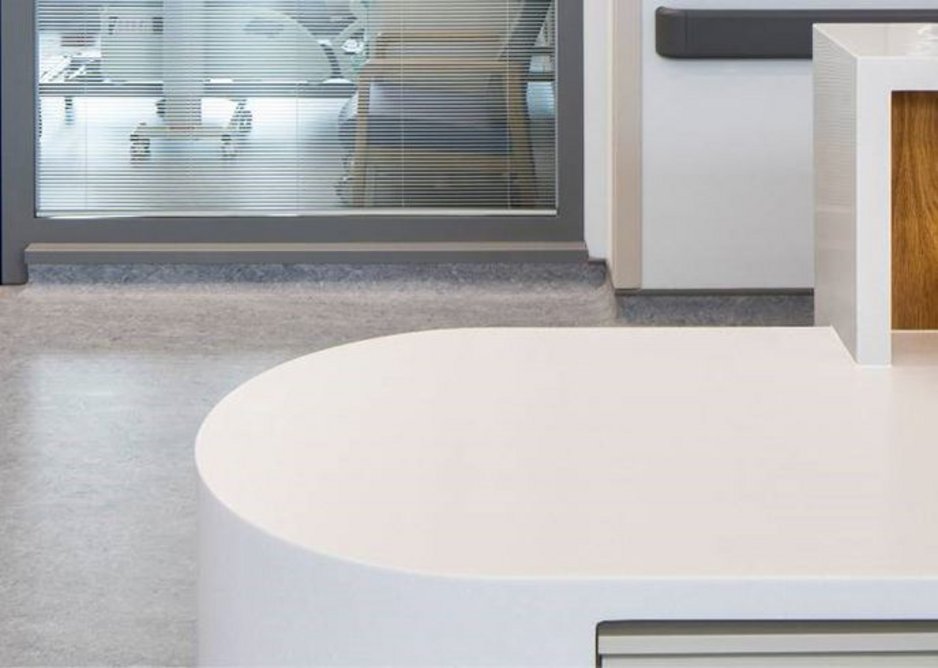 HI-MACS at Omagh Hospital: The acrylic stone surface does not absorb humidity, is highly resitant to stains, and is easy to clean, maintain and repair.