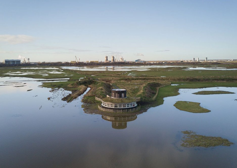 Aerial view of Saltholme Pools bird hide, which provides panoramic views of the wetlands. Construction was limited to a narrow window to avoid bird breeding seasons.