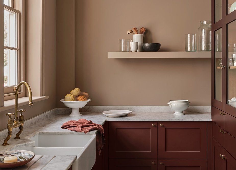 Kitchen walls painted in Mink 297, Architects' Matt; cabinets, Scarlet ‘N’ Rust 316, Architects' Gloss, Paint & Paper Library.