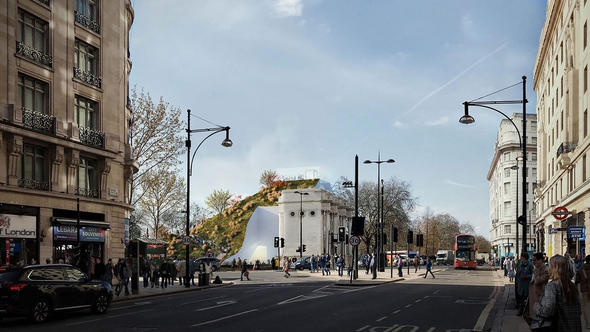 Another render of the mound's relationship with its context, view from Oxford Street, London.