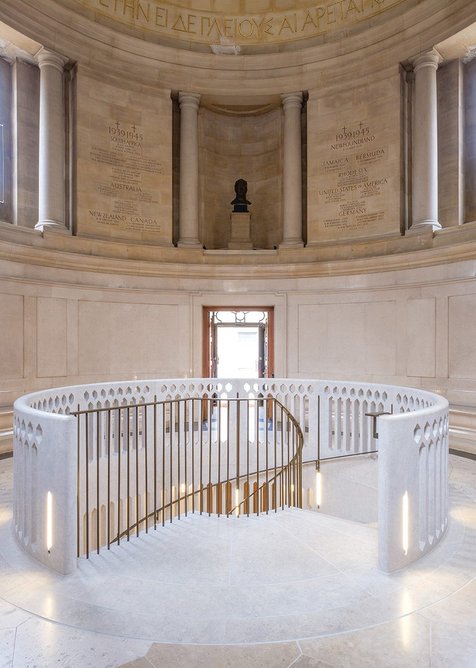 The Portuguese limestone self-supporting stair leads delegates down to the main conference spaces at basement level.