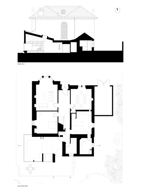 Long section and ground floor plan, Pollokshields extension, Glasgow, designed by Studio KAP.