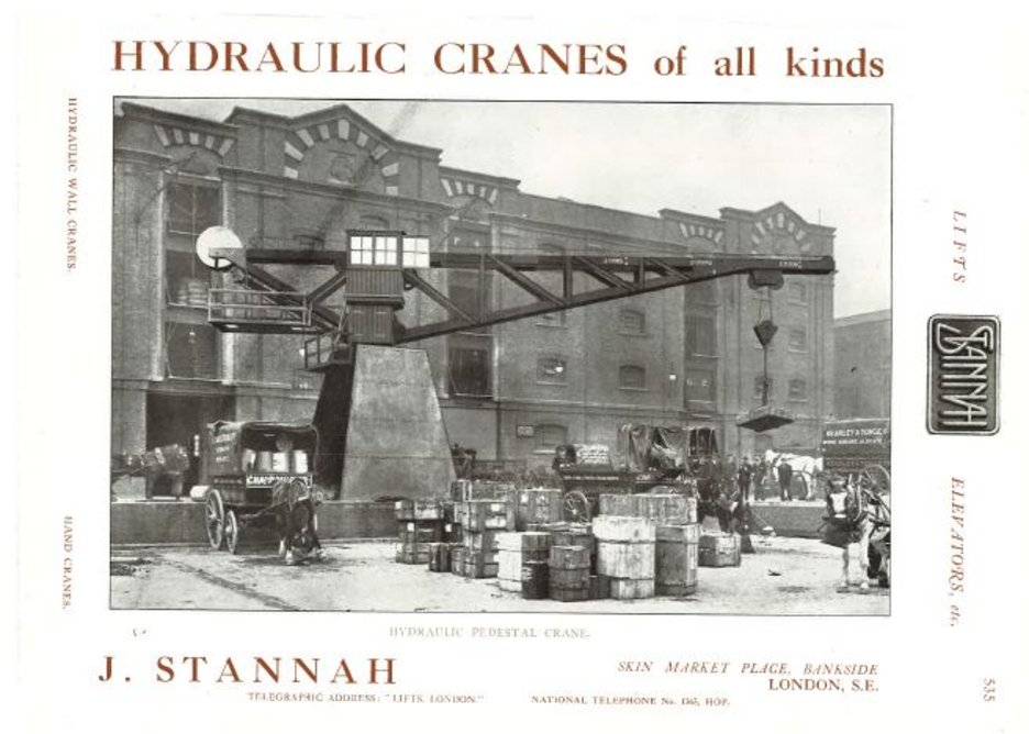 In the early days Stannah manufactured hydraulic cranes for London's Docklands, like this image in 1910.