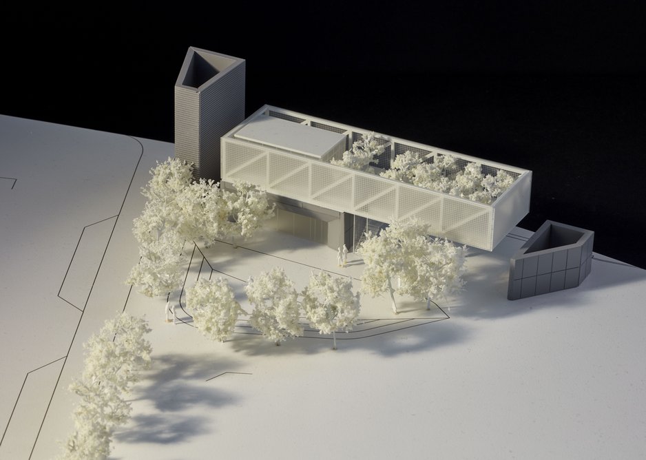 Study model for pavilion proposal showing key building block elements and expressed structural cantilever.