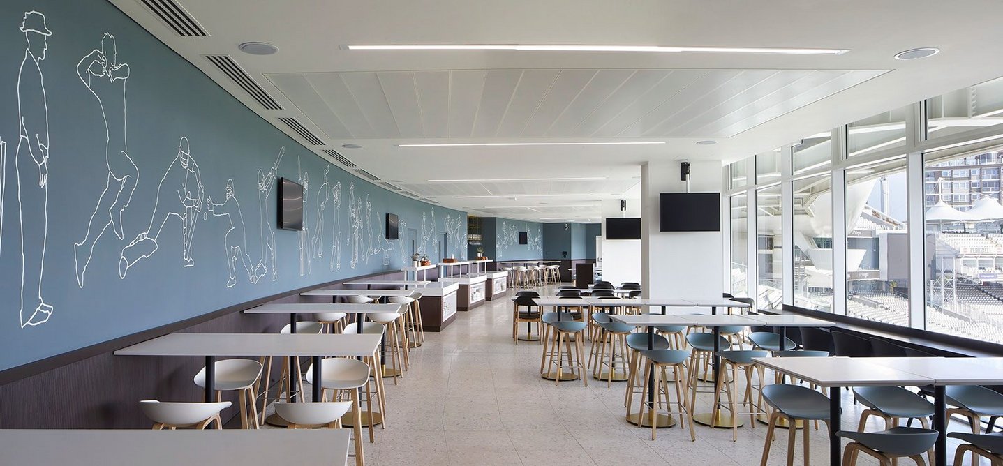 Restaurant within the Compton Stand at Lord’s, designed by WilkinsonEyre. With paneling and padded banquettes, this is the more formal of the two restaurants in the new stands.