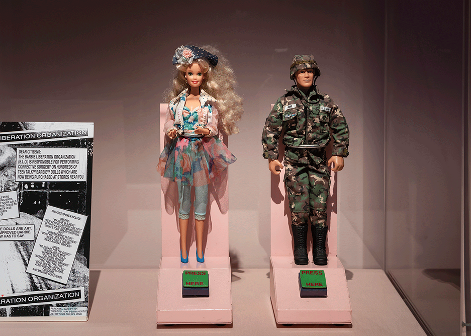 Installation shot of exhibits relating to the Barbie Liberation Organization at the Play Well exhibition at the Wellcome Collection.