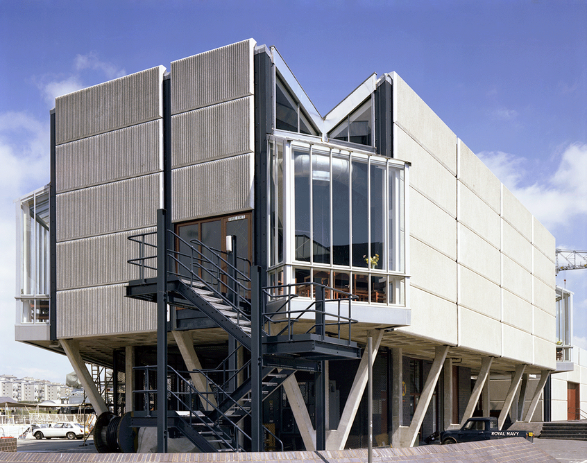 Buildings and facilities at the Submarine Refit Complex and Fleet Maintenance Base, HM Base, Devonport, 1979. Credit: Martin Charles/RIBA Collections.