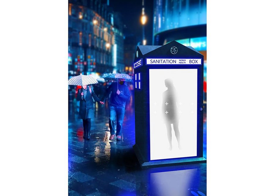 World Sanitation Box: A network of compact sanitation stations using UVC light to disinfect people on the go, creating a healthier world for tomorrow.