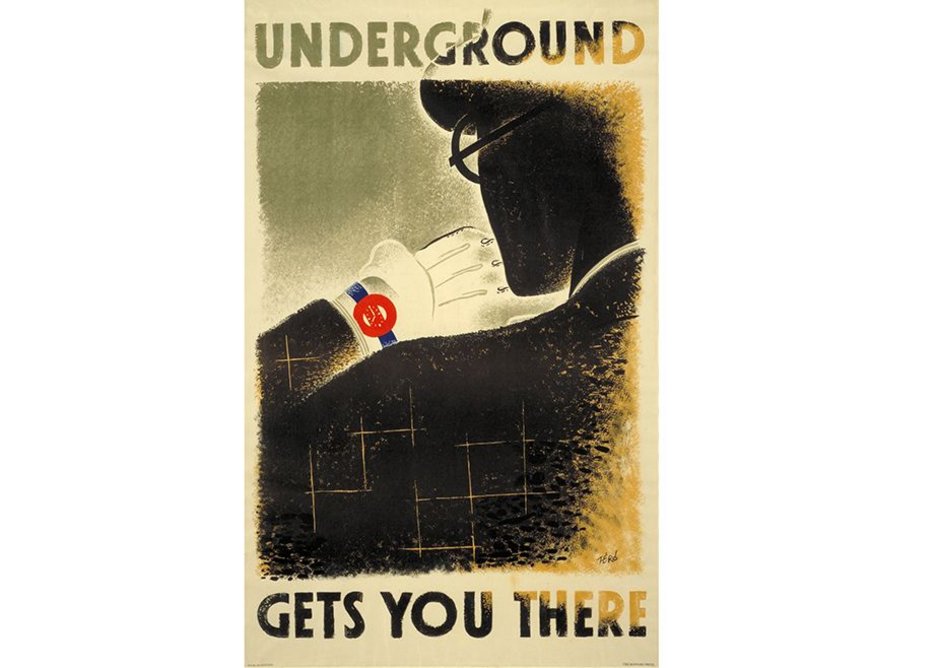 Underground gets you there, by Zero (Hans Schleger), 1935 © TfL from the London Transport Museum collection.  From Émigré Poster Designers, London Transport Museum, part of the Insiders/Outsiders festival.