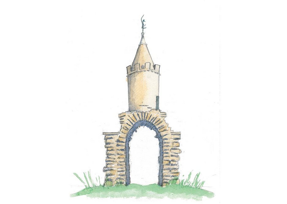 Jack the Treacle Eater, Yeovil, Somerset, Sketch, a gateway or boundary folly with mysterious origins. Sketch by Rory Fraser.
