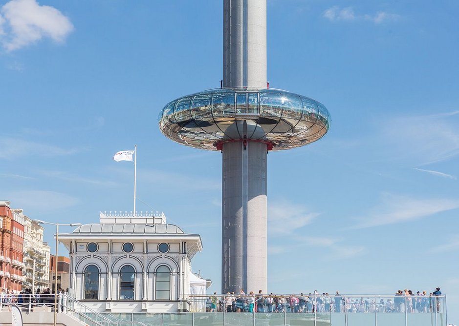 British Airways i360 pod with reconstructed pier toll booth to the left.