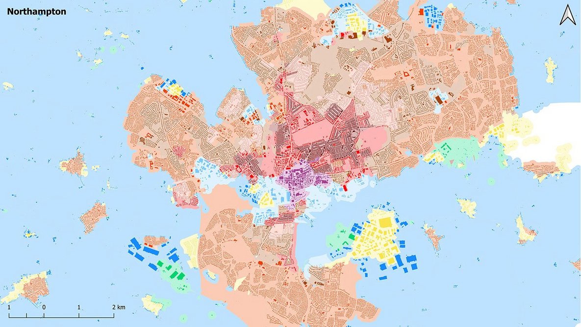 Northampton by Area Types, as drawn out by the University of Strathclyde’s urban morphometrics system.