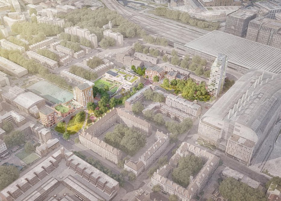 Visualisation by DSDHA of the new school, housing and community facilities arrayed around a linear park. The Francis Crick Institute lies to the south.