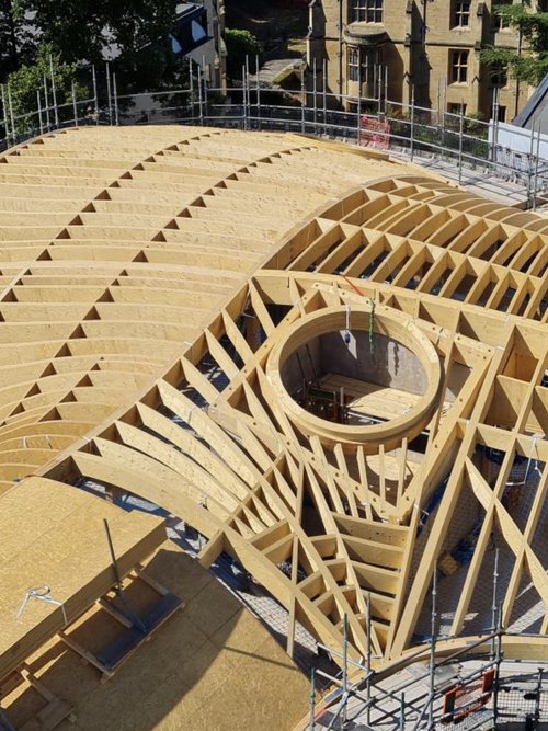 Aerial view of the roof under construction at Gradel Quadrangles, New College.