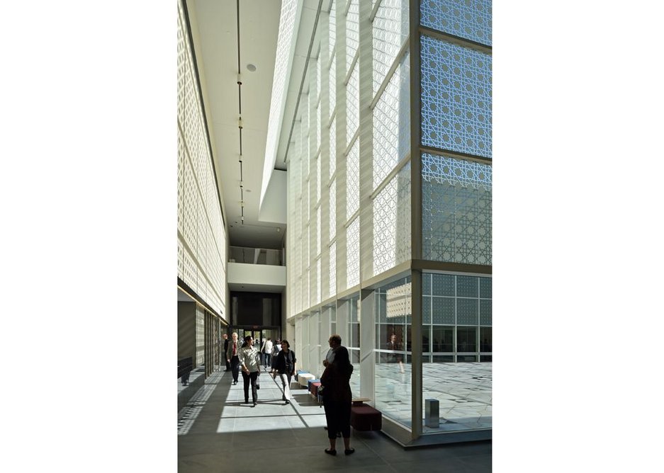 The central courtyard in Maki’s museum employs Islamic geometric motifs as fritting in the glazing.