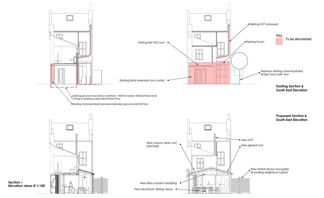 Section and south-east elevation.