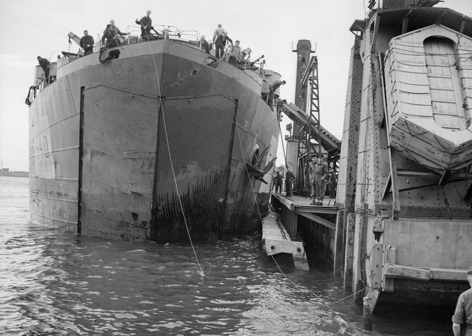 Ship docked at Mulberry harbour (1944).