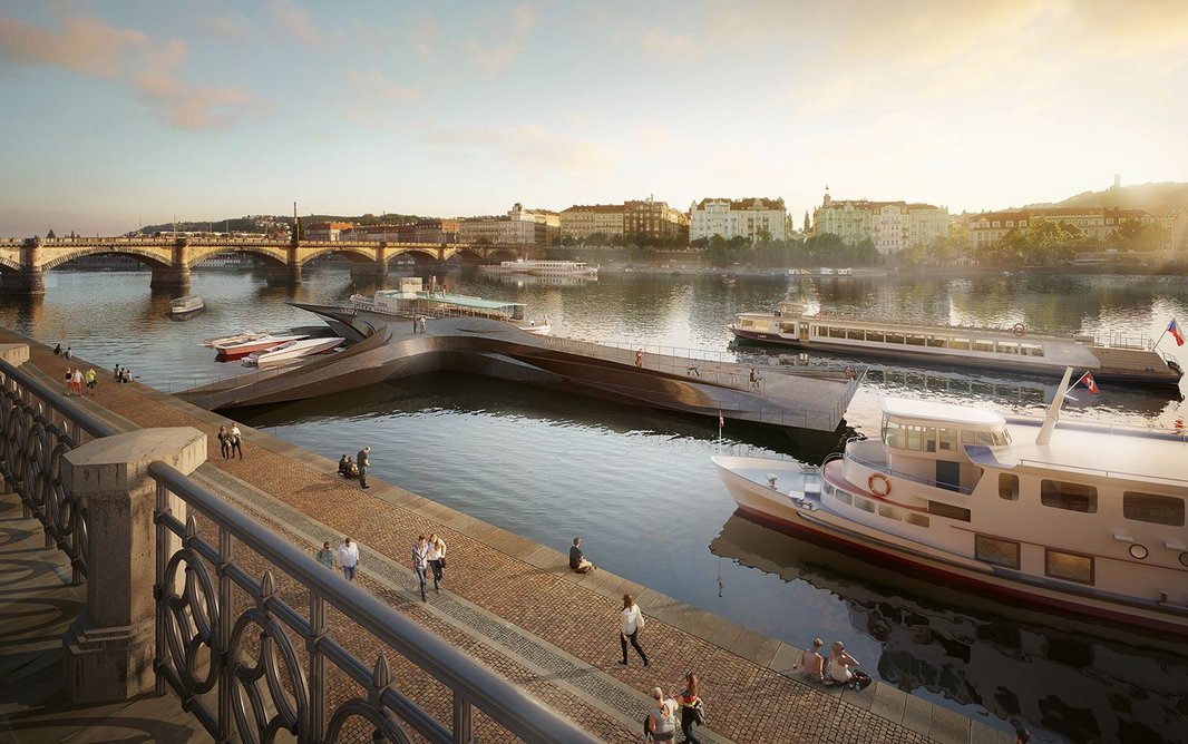 The proposed river boat terminus on the Rašín embankment with Palackého Bridge beyond.