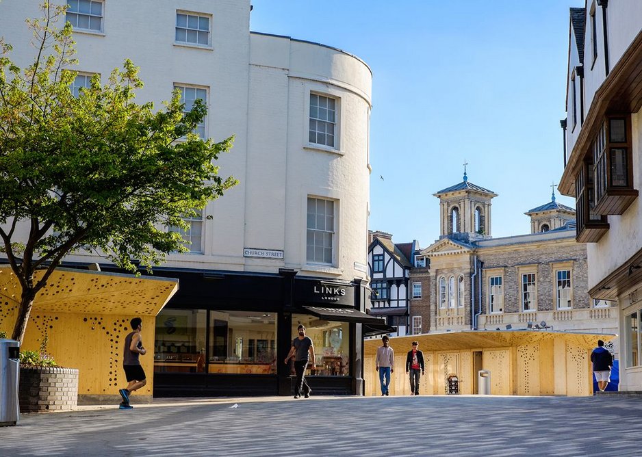 Small project - Kingston Ancient Market Place & Stalls, by Tonkin Liu. Delicate perforated CLT.