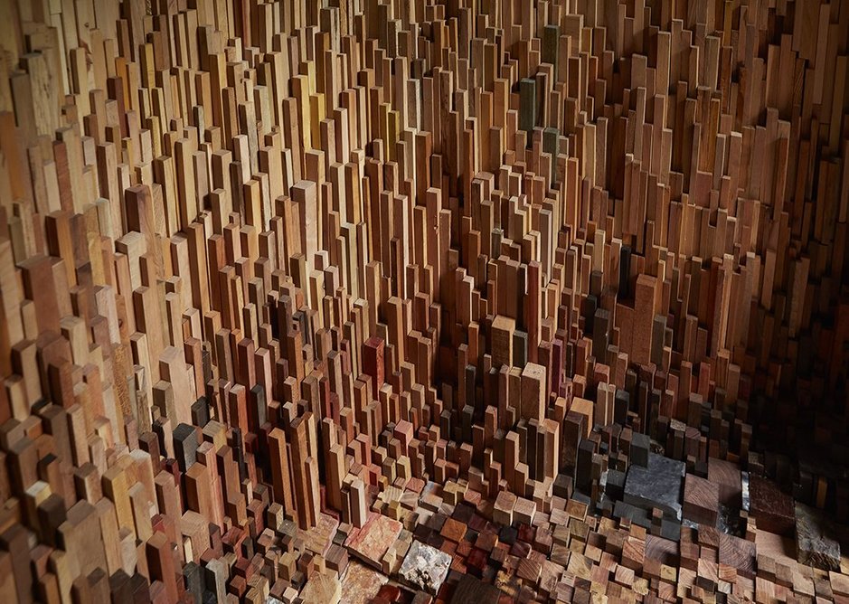 Interior of Hollow, an installation at the University of Bristol. The composition of the wood samples shows off the huge variation in colour.