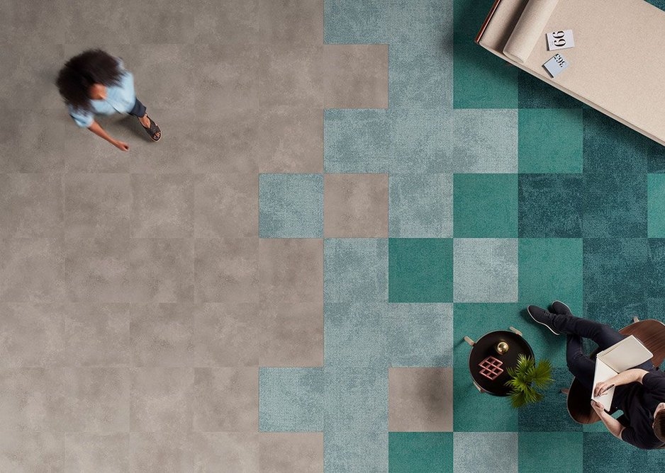 Level Set LVT flooring in Polished Cement with Composure carpet tiles in Wave, Harbour and Abyss.