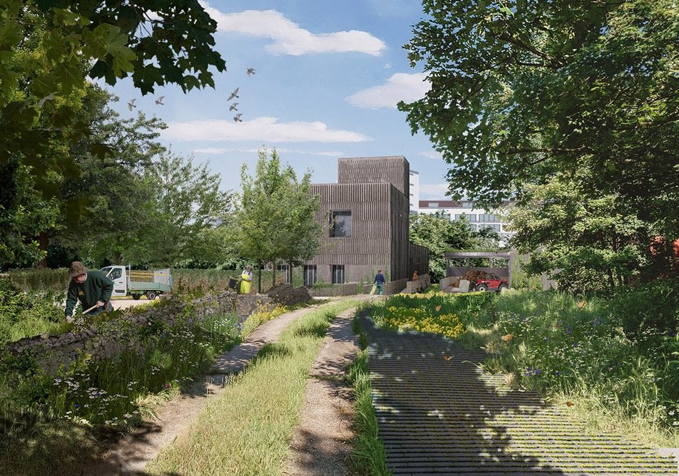 Visual of Park HQ on the former Queen Elizabeth Olympic Park in London’s Stratford. Sanchez Benton is working with Nigel Dunnett and ecologist Gary Grant on a landscape and planting scheme as part of a retrofit of a former pumping station. Credit: Sanchez Benton