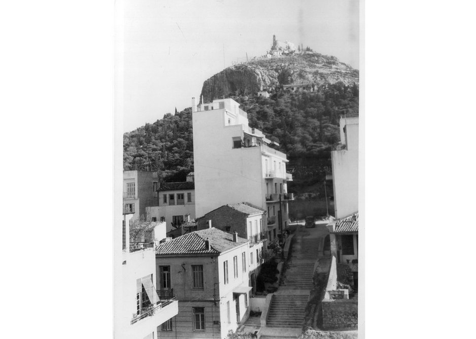 Lycabettus Hill, c1950, with, below, a typical street in the upper-middle class area of Kolonaki with neoclassical and early 19th century domestic buildings, just starting to be developed with new polykatoikia.