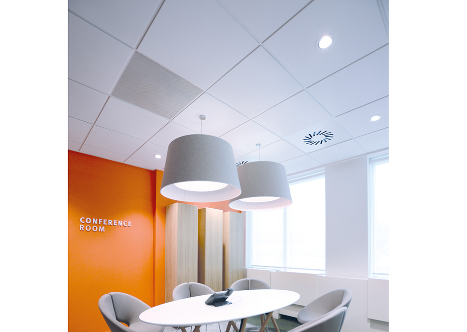 Dune eVo dB ceiling tiles in a typical conference room setting.