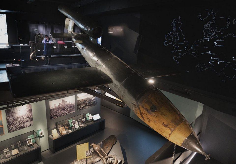 VI flying bomb, created in tunnels built by Jewish forced labour, suspended between The Holocaust Gallery designed by Casson Mann and the Second World War Galleries designed by Ralph Appelbaum Associates at the IWM London.