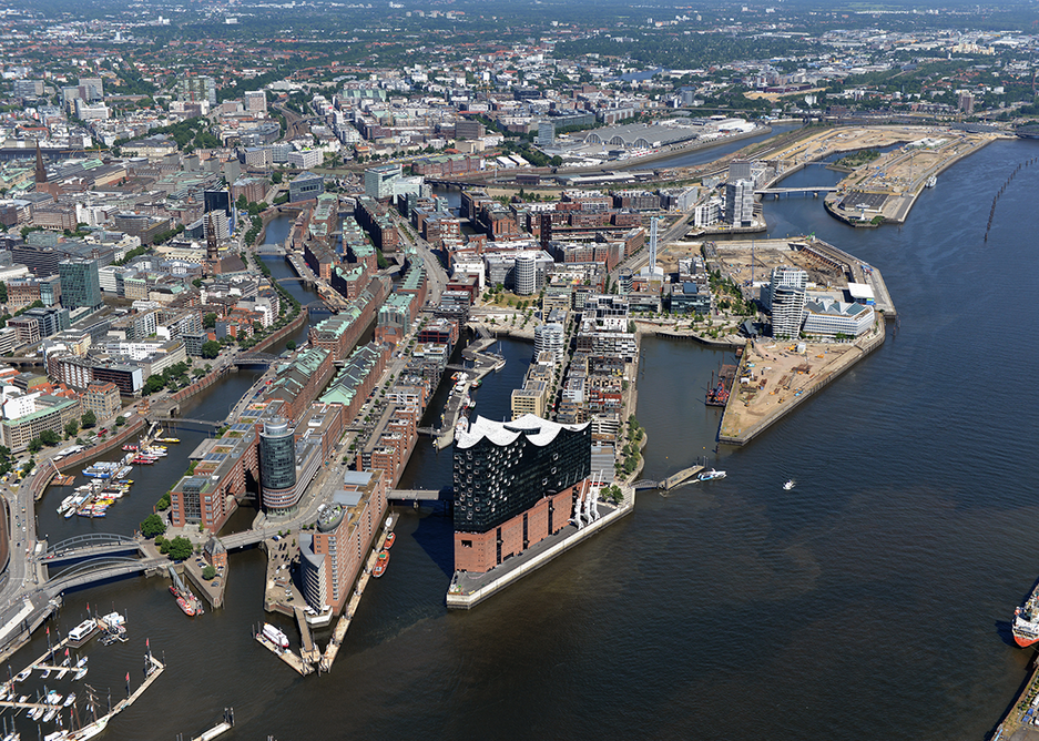 Aerial view of Hafencity in Hamburg, designed by KCAP with elevated buildings and landscaping to cope with flooding.