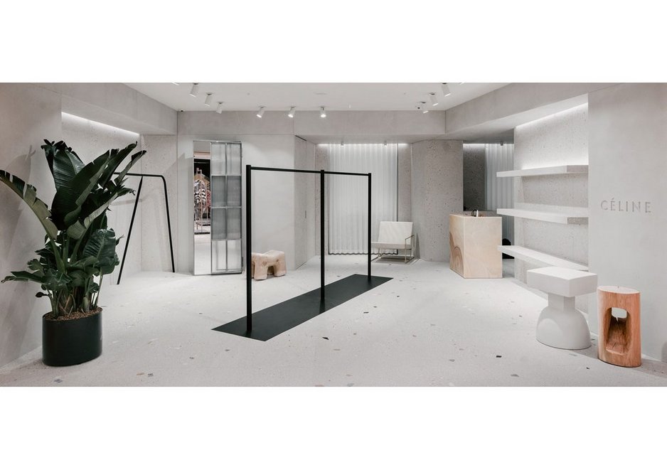 The Celine outlet in Rome’s La Rinascente department store features terrazzo finishes and resin shelves.