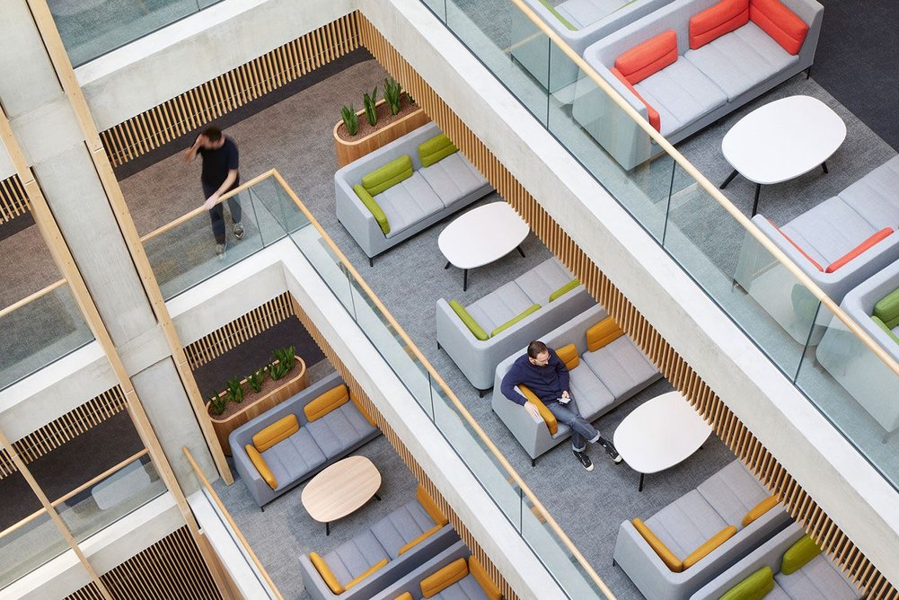 View down to the cascading breakout areas at the end of the atrium.