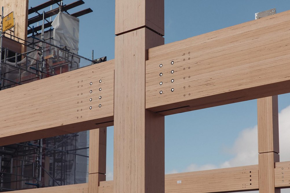 The LVL timber frame has been engineered to be slotted and bolted together. This will enable the entire structure to be disassembled at the end of its life..