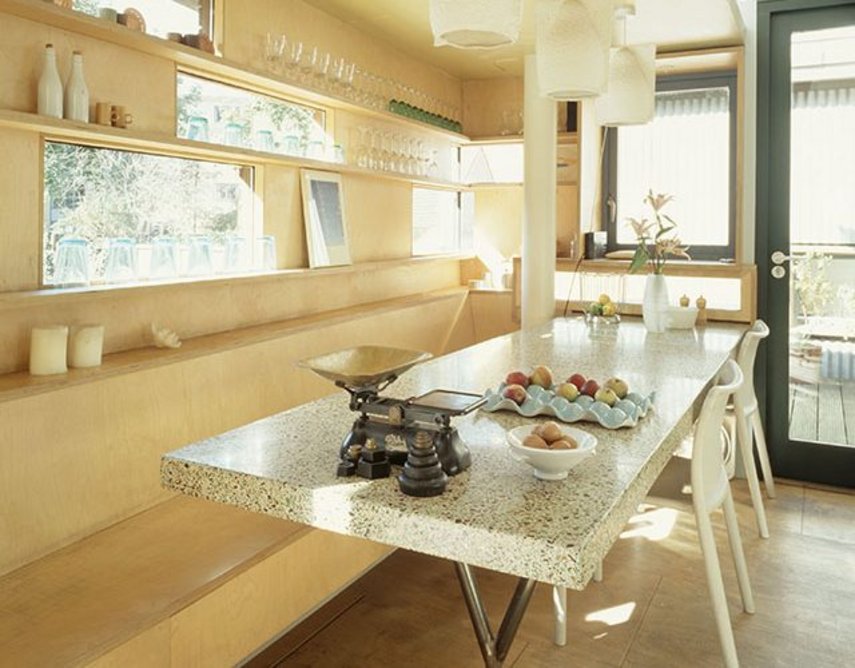 Recycled glass table at Stock Orchard Street, designed by Sarah Wigglesworth Architects.