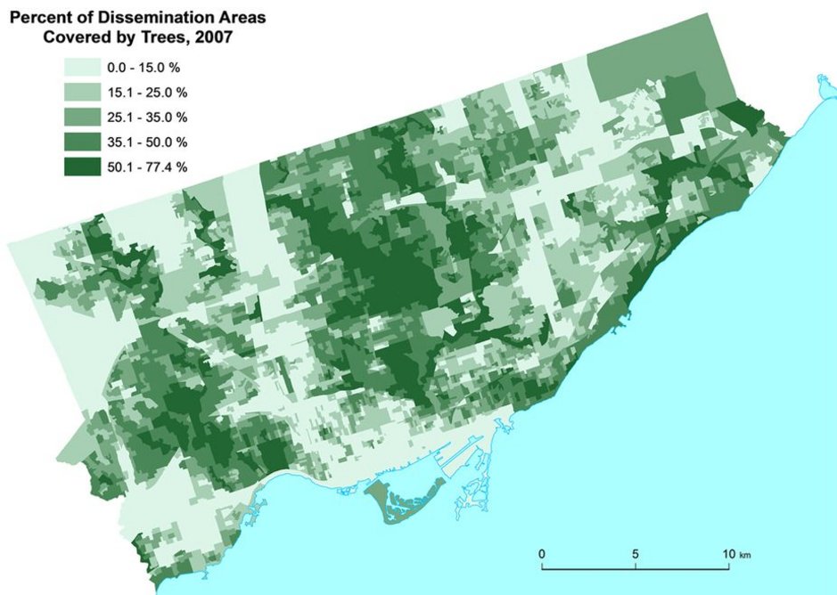 The Greenspace map of the city of Toronto constructed from the Geographical Information System (GIS) polygon data set Forest and Land Cover.