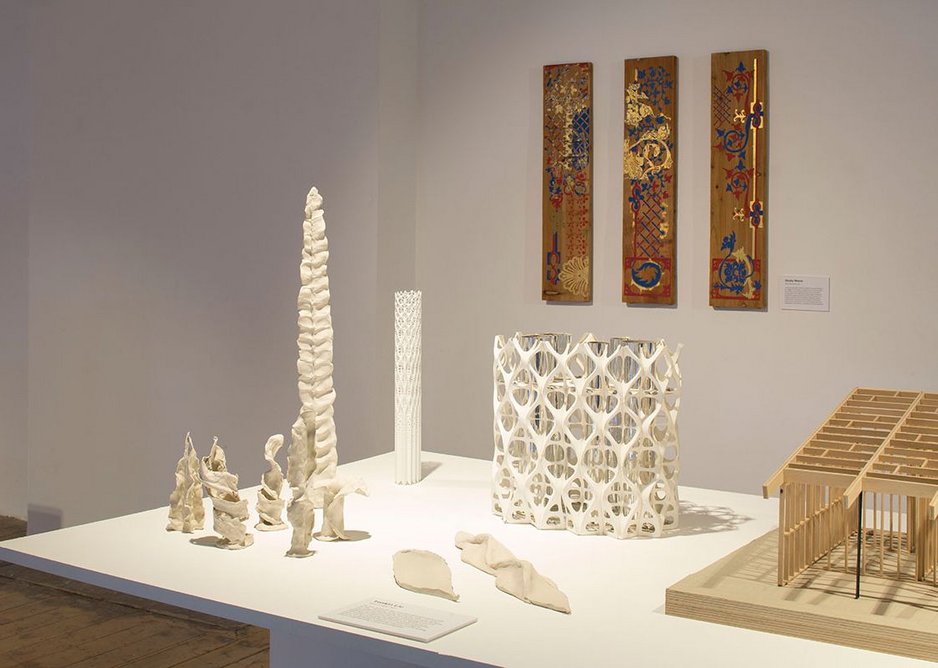 Installation view of Architecture Prototypes & Experiments showing Tonkin Liu’s plasticine, paper and 3D printed models of the Tower of Light.