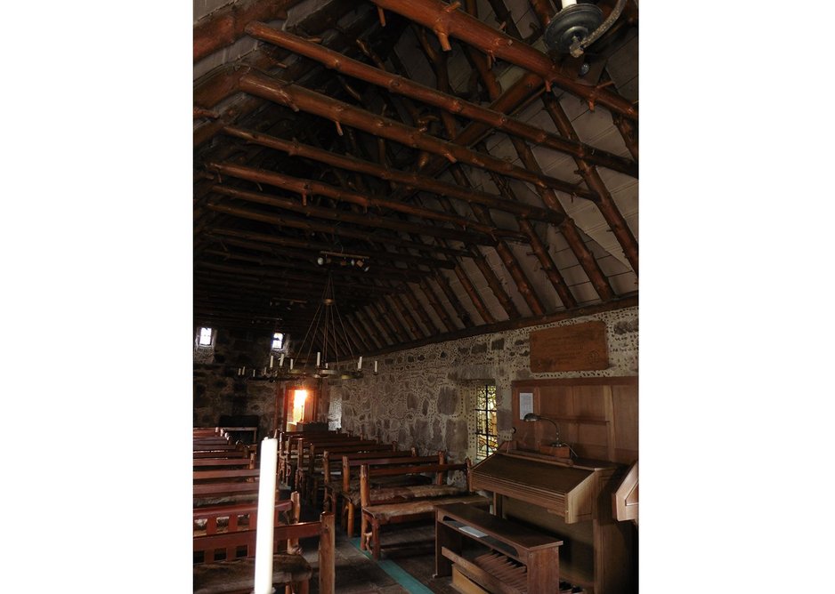 Truefitt’s Chapel of St Lesmo is a ‘home-made’ building, built with recycled materials from ruins, local granite and the unsawn pine from the forests nearby. Even the seats are covered with local deerskin.