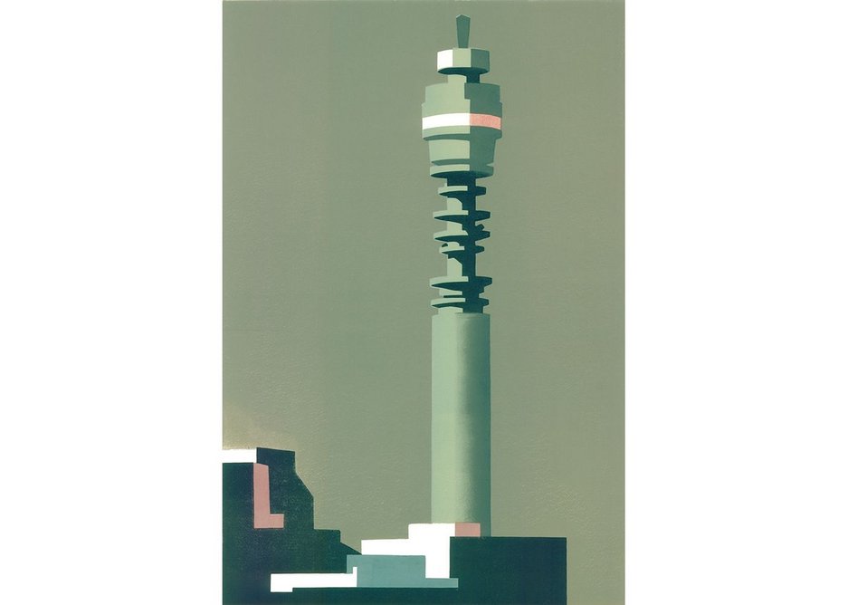 Telecom Grey, a linocut by Paul Catherall. The BT Tower has been one of Catherall’s most frequent subjects.